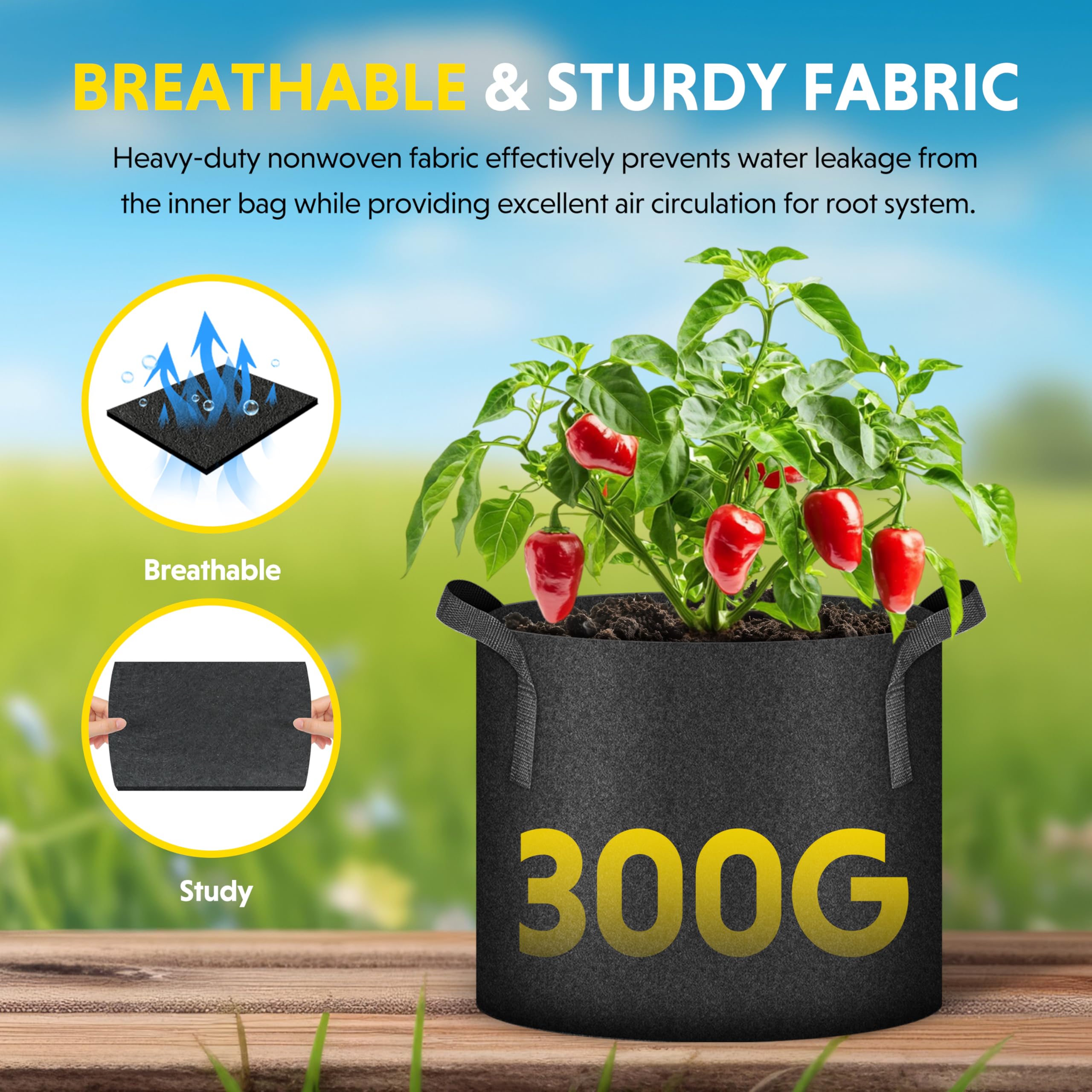 iPower 10 Pack 10 Gallon Grow Bags 300G Thickened Sturdy Plant Fabric Pots with 10 Labels and Handles, Aeration Garden Cloth Planter Bag for Outdoor Fruits, Vegetables and Flowers - Image 3