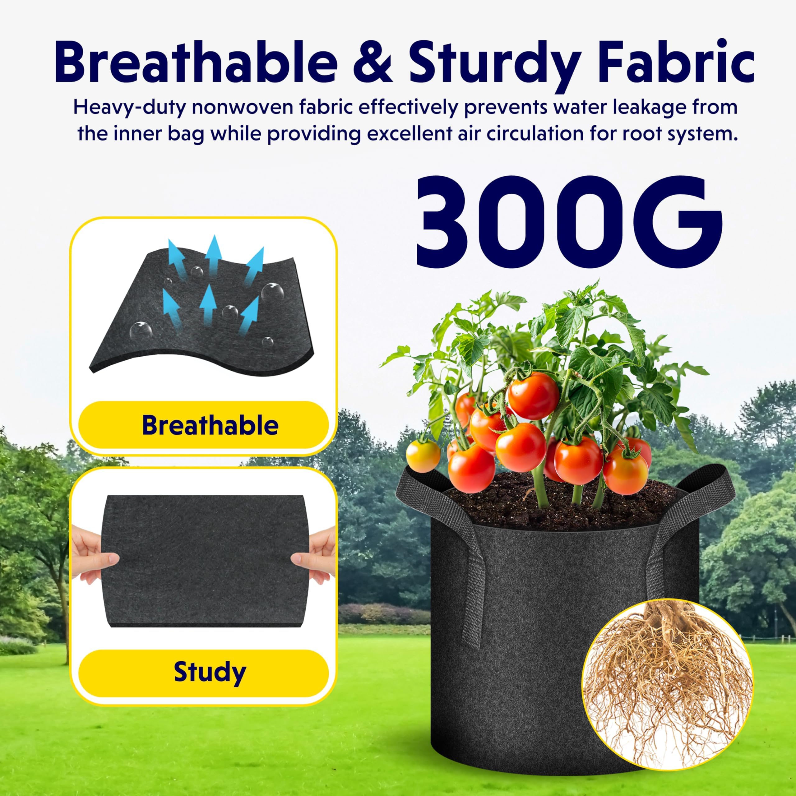 iPower 10 Pack 3 Gallon Grow Bags with Labels, 300G Thickened Nonwoven Plant Fabric Pots with Handles, Aeration Garden Grow Pots for Tomato Potato Vegetables, Fruits, Flowers, Black - Image 4