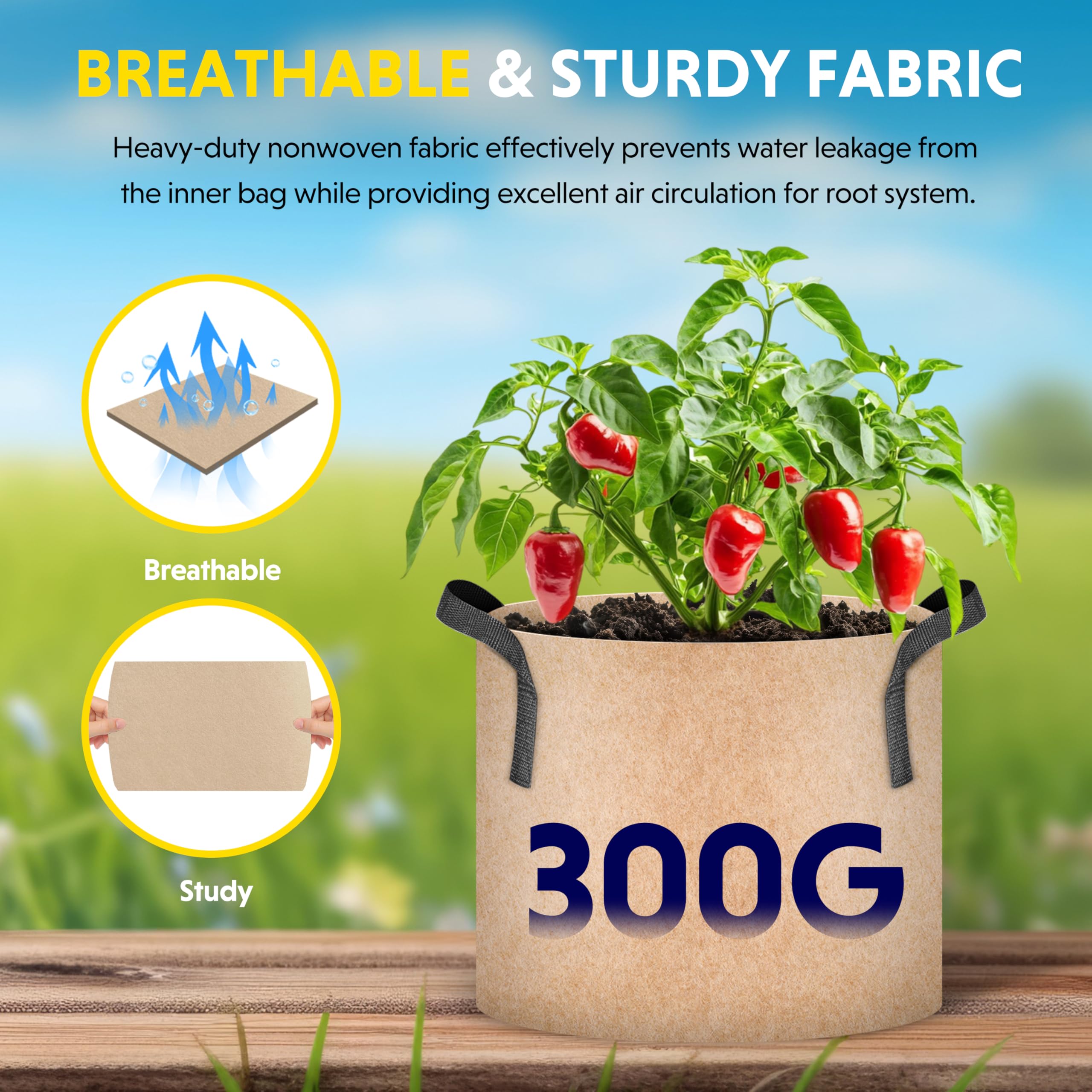 iPower 10-Pack 15 Gallon Aeration Grow Bags Thick Nonwoven Fabric Pots with Handles, for Fruits, Vegetables, and Flowers, Tan - Image 5