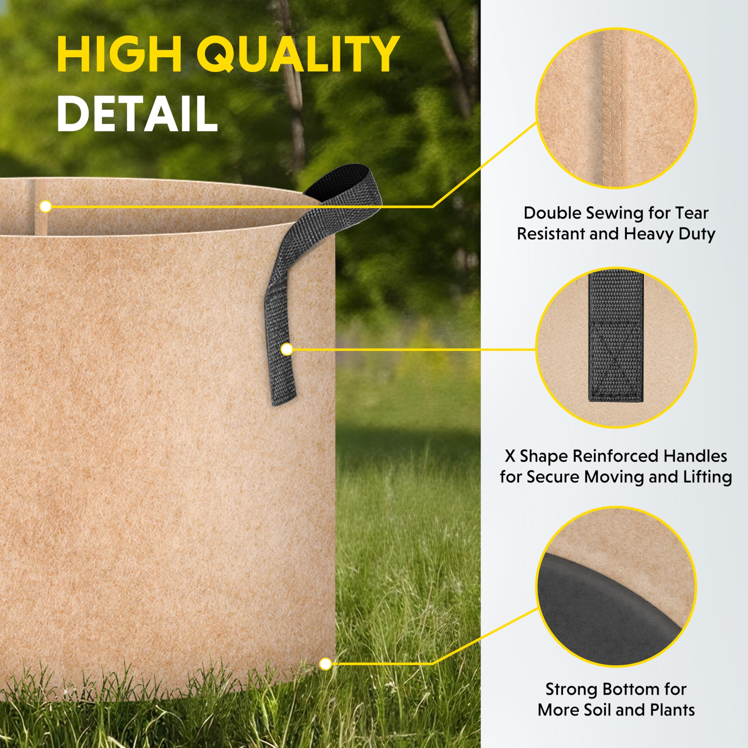 iPower 15 Gallon 10 Pack Grow Bags Nonwoven Fabric Pots Aeration Container with Strap Handles for Garden and Planting, 10-Pack Tan, 15 Gallon - Image 4