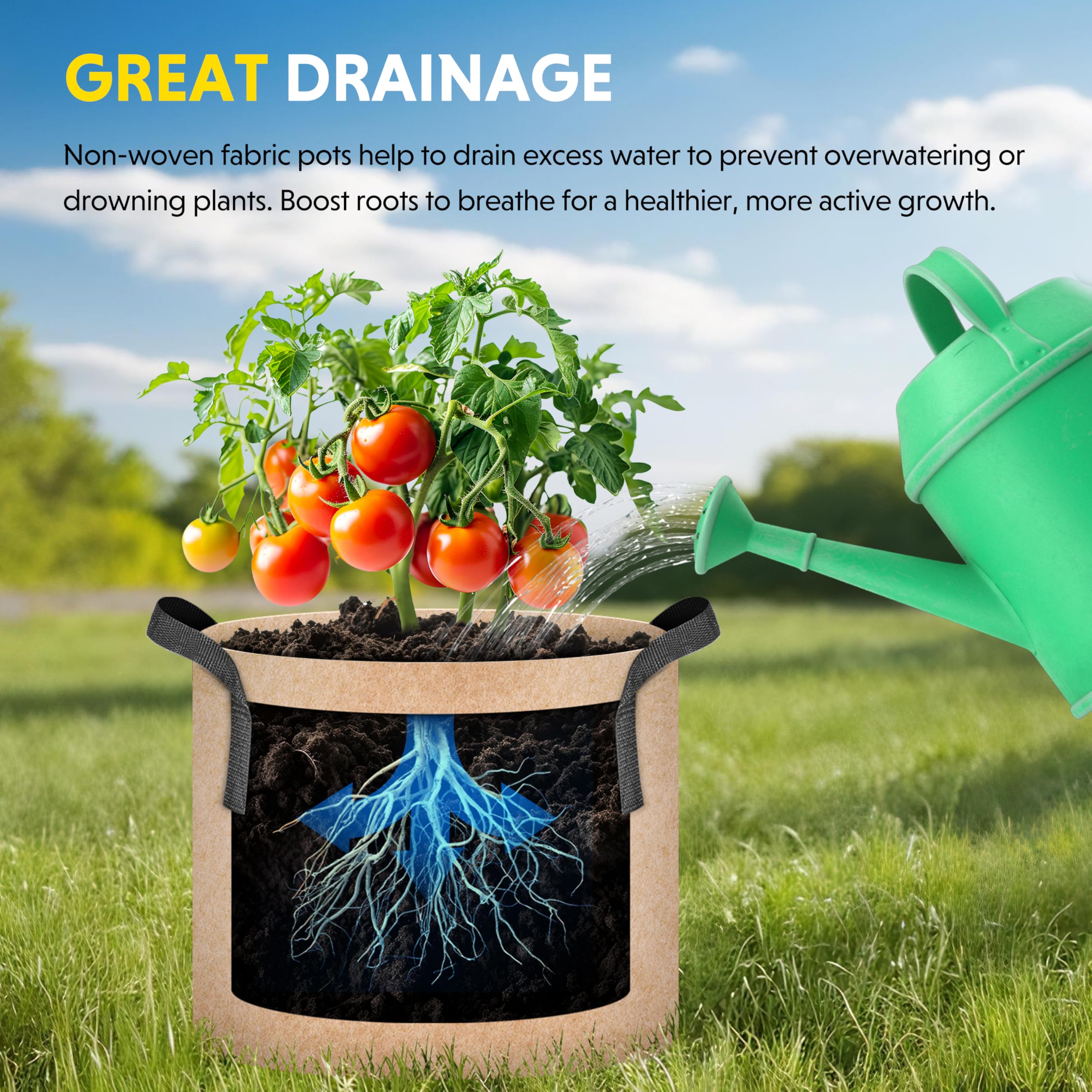 iPower 15 Gallon 10 Pack Grow Bags Nonwoven Fabric Pots Aeration Container with Strap Handles for Garden and Planting, 10-Pack Tan, 15 Gallon - Image 5