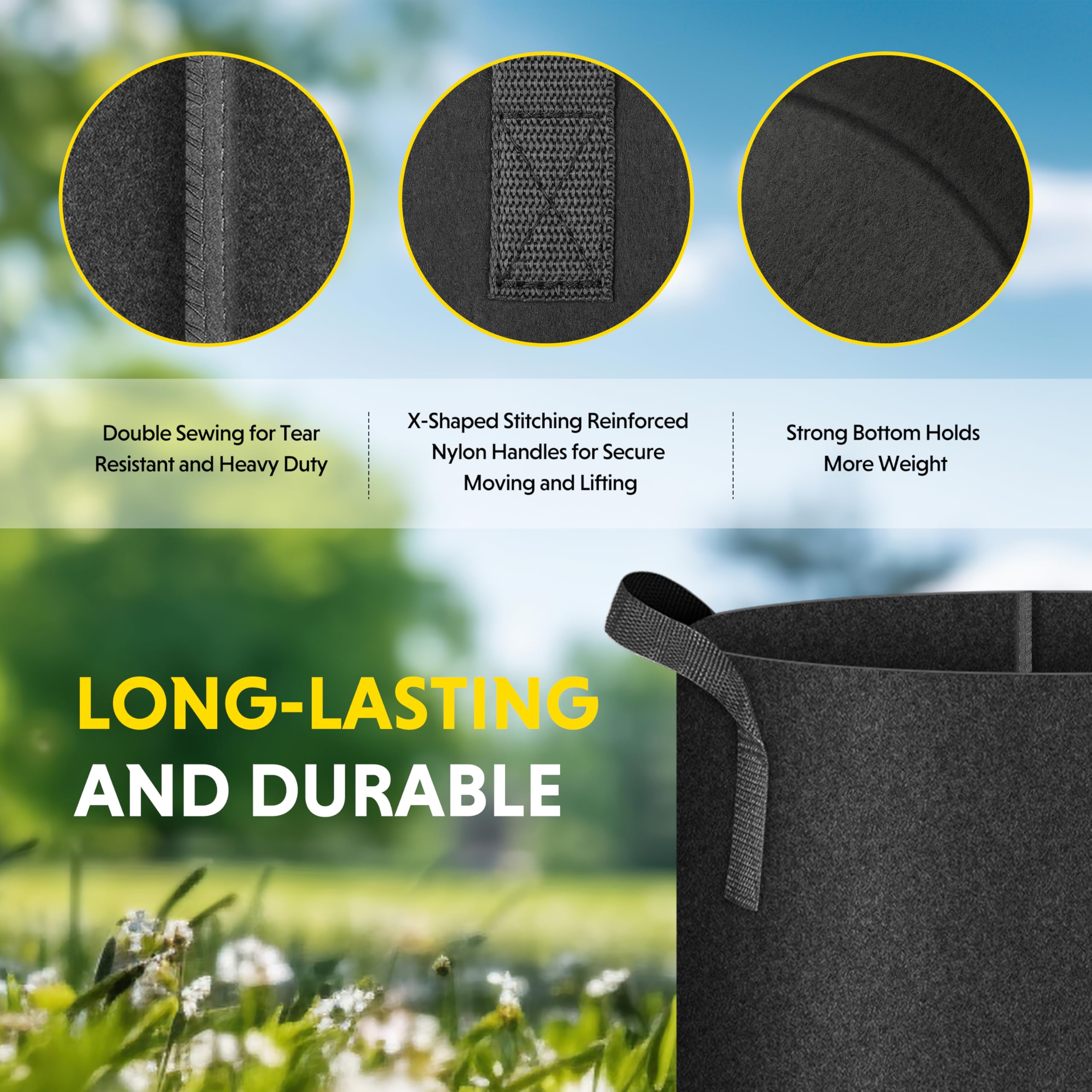 iPower Plant Grow Bag 3 Gallon 6-Pack Heavy Duty Fabric Pots, 300g Thick Nonwoven Fabric Containers Aeration with Nylon Handles, for Planting Vegetables, Fruits, Flowers, Black 2024 Version - Image 3