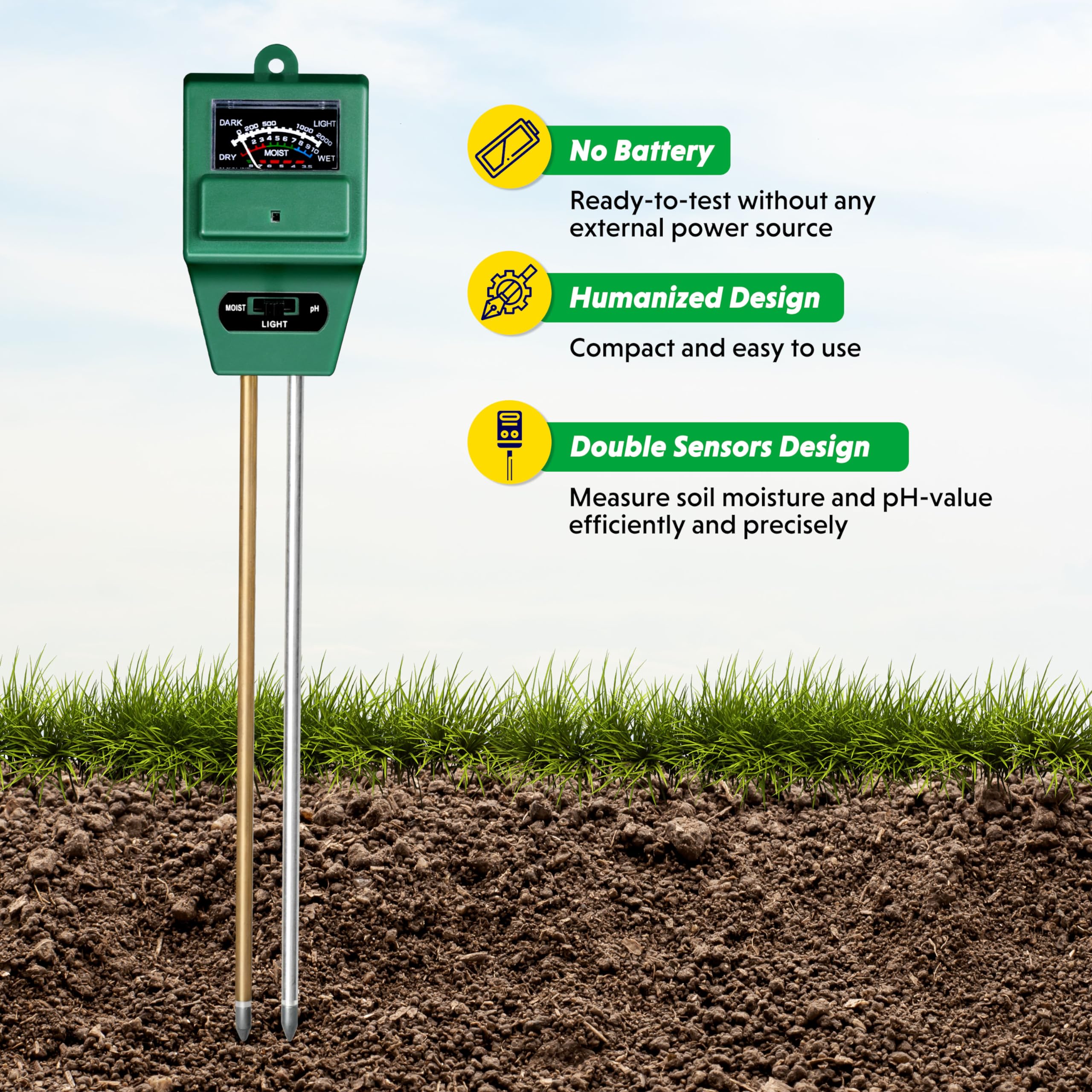 iPower 3-in-1 Plant Moisture/Light/PH Meter, Soil Test Kit for Gardening, Farming, Indoor & Outdoor Use, 3 Pack - Image 6