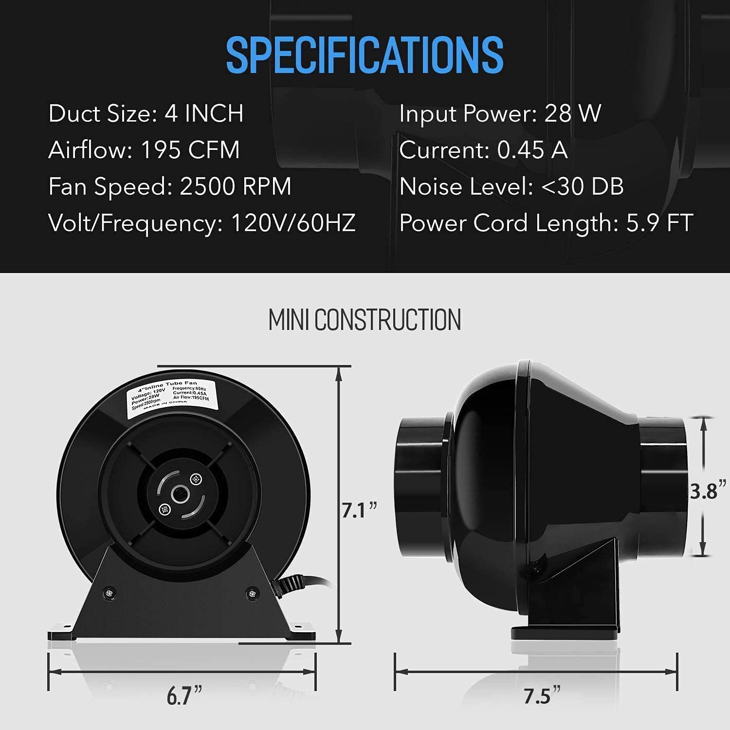 iPower 4 Inch 195 CFM Inline Fan Circulation Exhaust Blower, Air Carbon Filter, 8 Feet Ducting and 1-Pair Rope for Grow Tent Ventilation, Low Noise, 4'' Ventilatin System, Black - Image 5