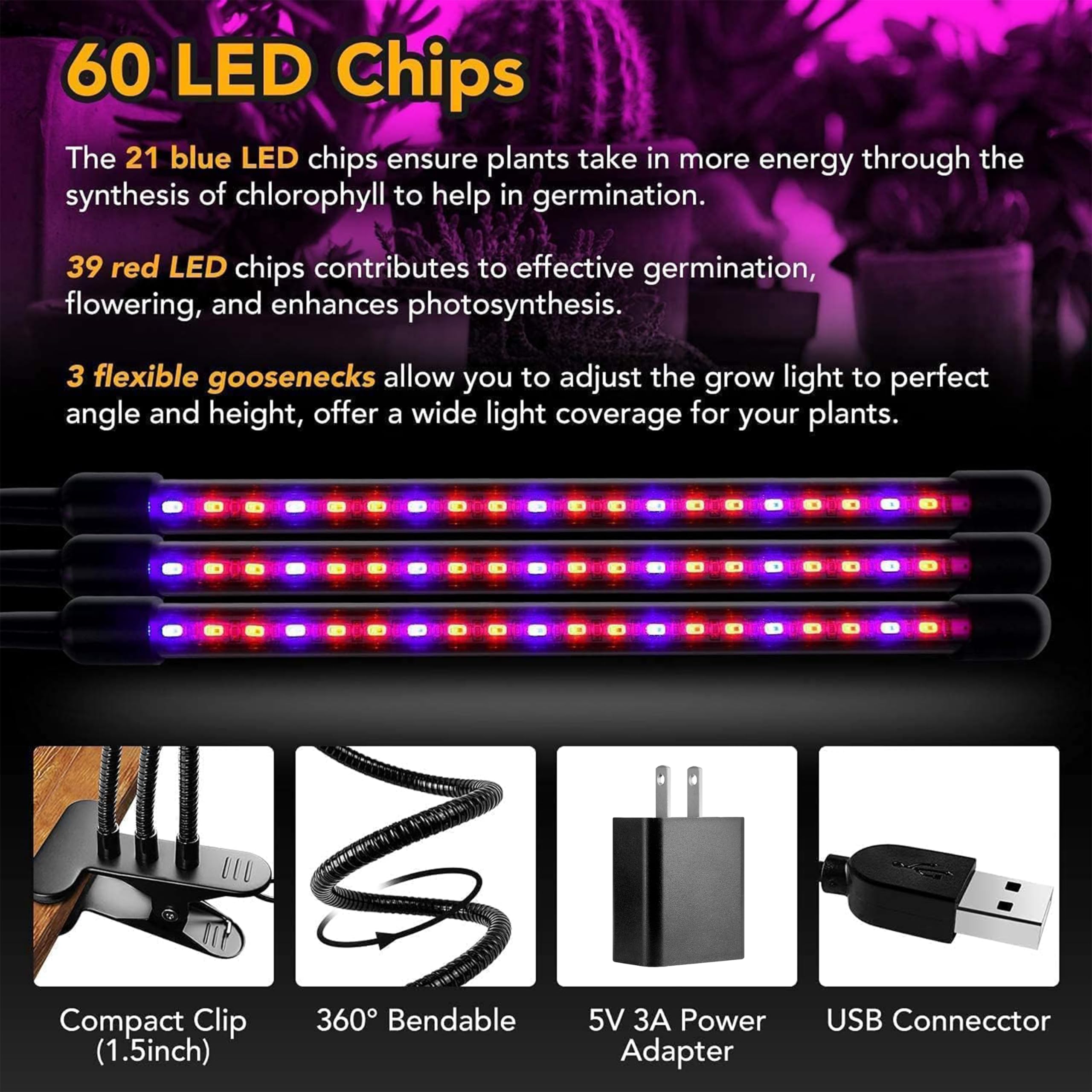 iPower Grow Full Spectrum and 60 Blue Red LEDs for Indoor Plants 11-Level Dimmable, 3 Lighting Modes, Auto On Off with 3/9/12H Timer, Red&Blue - Image 5