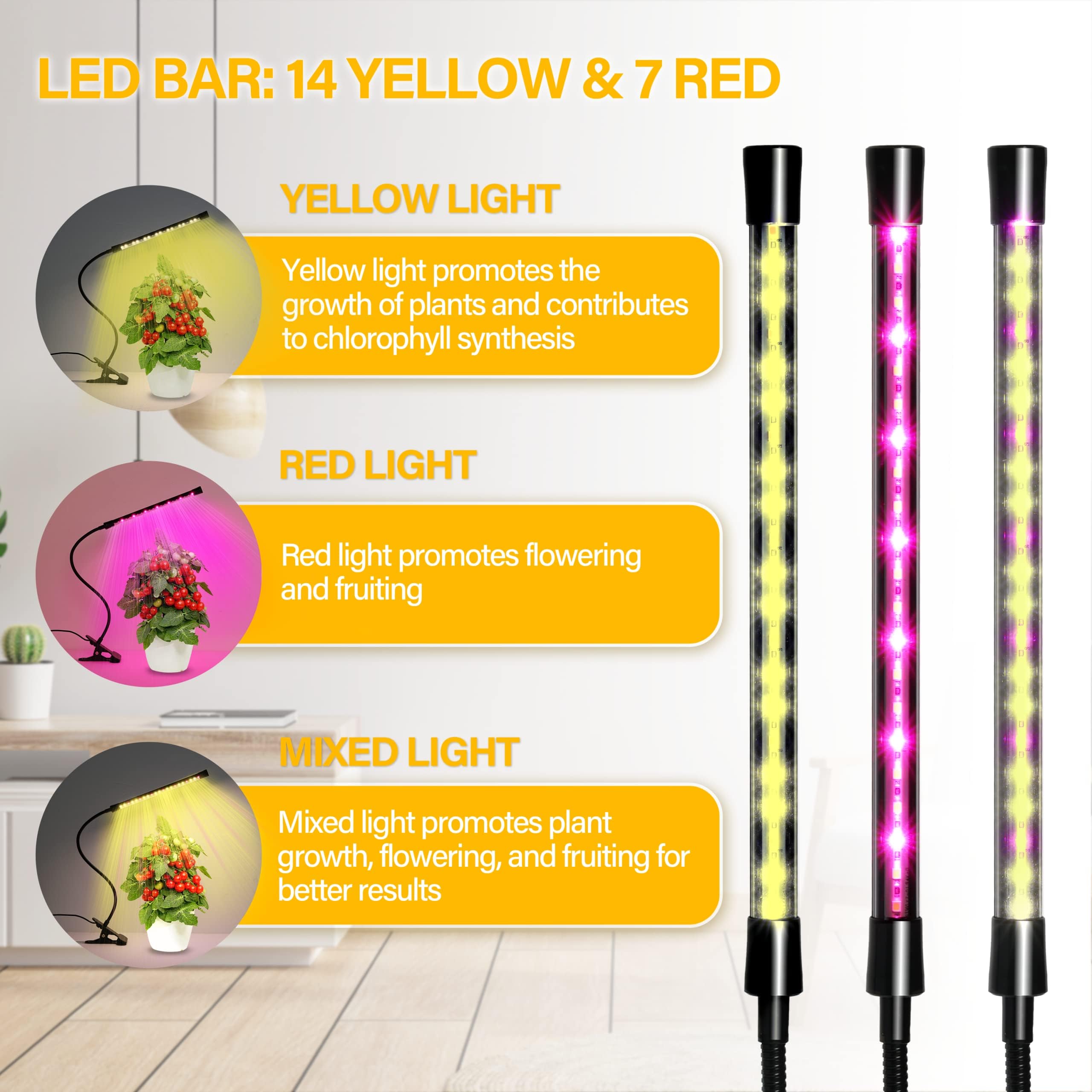 iPower LED Grow Light with Full Spectrum for Indoor Plants, Adjustable Gooseneck, 3 Light Modes&10 Dimmable Levels, 3 Auto Timing Modes, 1 Tubes, Yellow - Image 5
