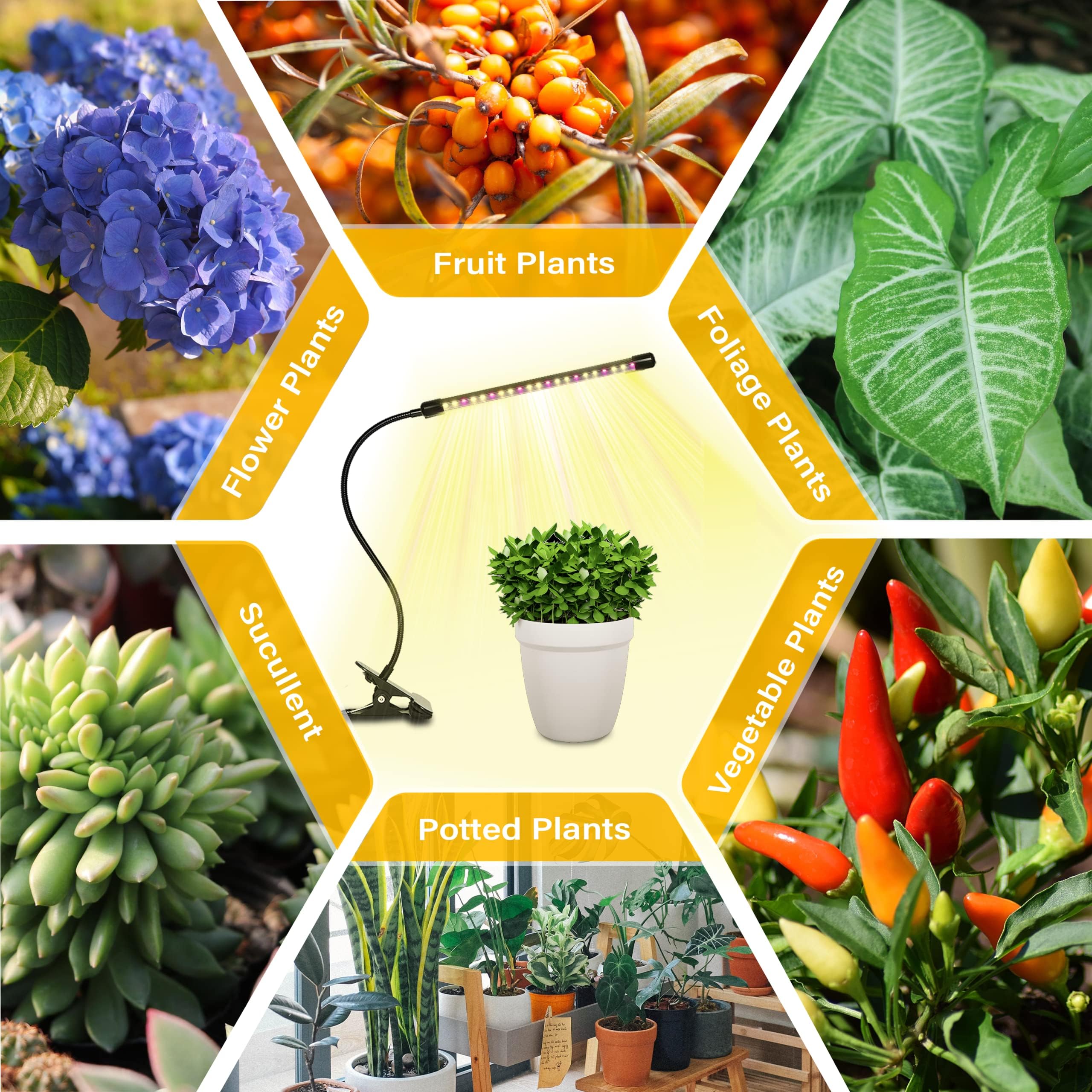 iPower LED Grow Light with Full Spectrum for Indoor Plants, Adjustable Gooseneck, 3 Light Modes&10 Dimmable Levels, 3 Auto Timing Modes, 1 Tubes, Yellow - Image 6