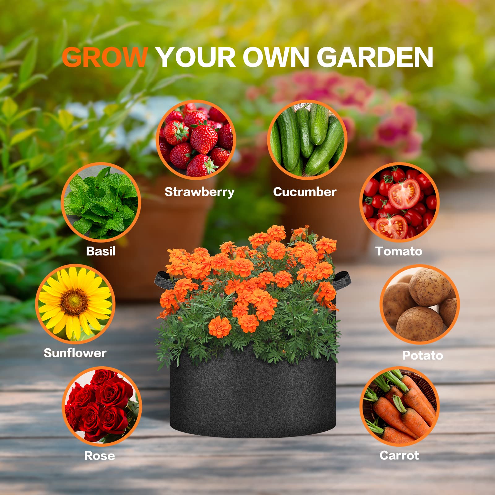 iPower Plant Grow Bag 7 Gallon 6-Pack Heavy Duty Fabric Pots, 300g Thick Nonwoven Fabric Containers Aeration with Nylon Handles, for Planting Vegetables, Fruits, Flowers, Black 2024 Version - Image 6